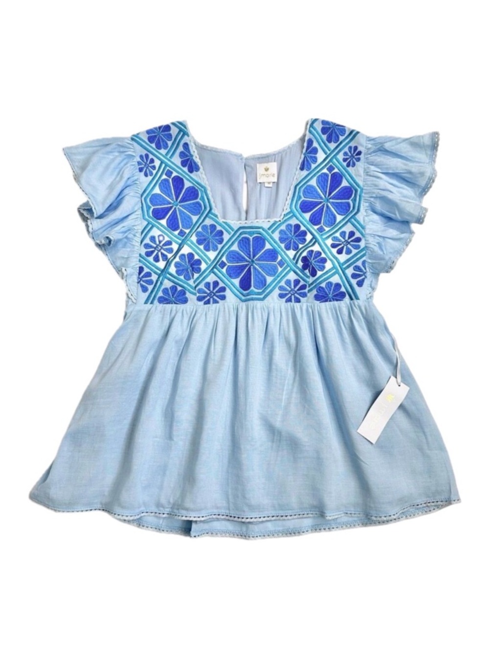 Light Blue Embroidered Flutter Sleeve Blouse
